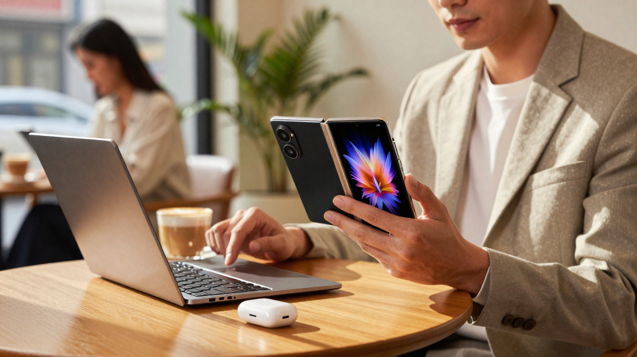 Man using a foldable smartphone and laptop at a wooden table in a bright café with a drink and wireless earbuds.