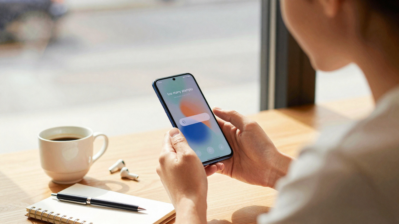 Person holding a smartphone with a cup of coffee, wireless earbuds, notebook, and pen on a wooden table.
