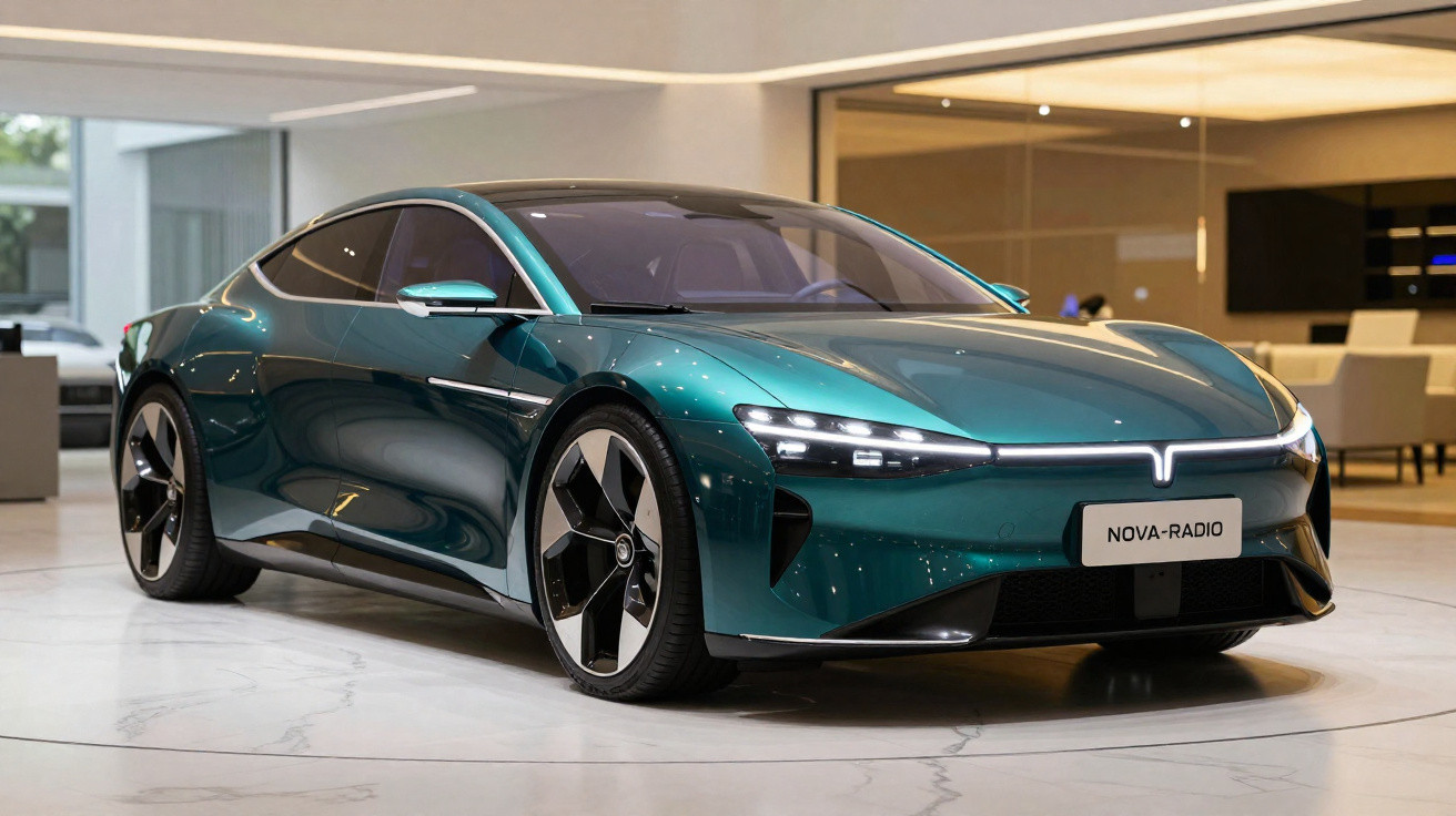 Glossy teal electric sports car displayed indoors with sleek aerodynamic design and futuristic LED headlights.
