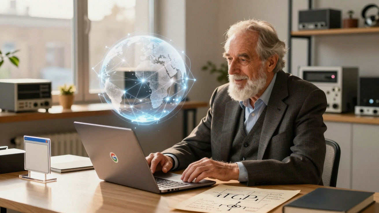 Elderly man in suit using laptop with digital globe hologram and network connections floating above desk.