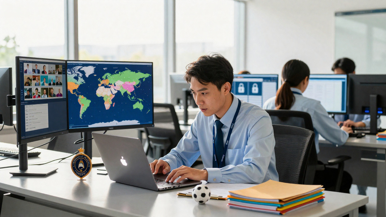 Man working on a laptop at desk with dual monitors showing a world map and video call in a modern office.