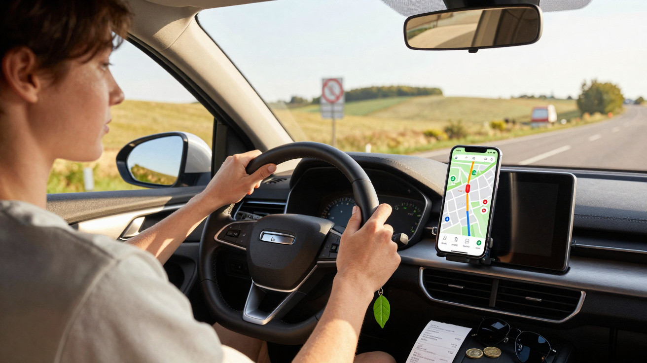 Person driving a car using a smartphone GPS navigation mounted on the dashboard on a sunny day.