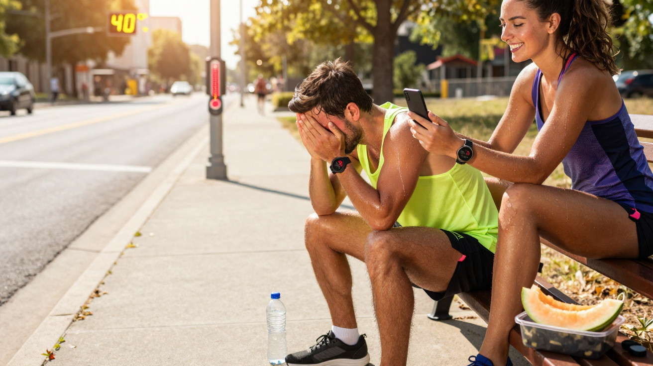 Sweaty runners resting on a bench, man covering his face, woman smiling and holding a smartphone nearby.