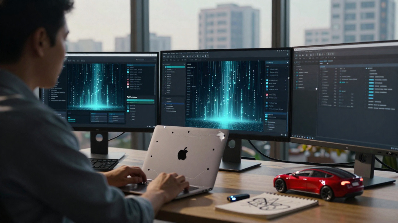 Person working on a laptop with three monitors displaying futuristic data graphics in an office with city view.