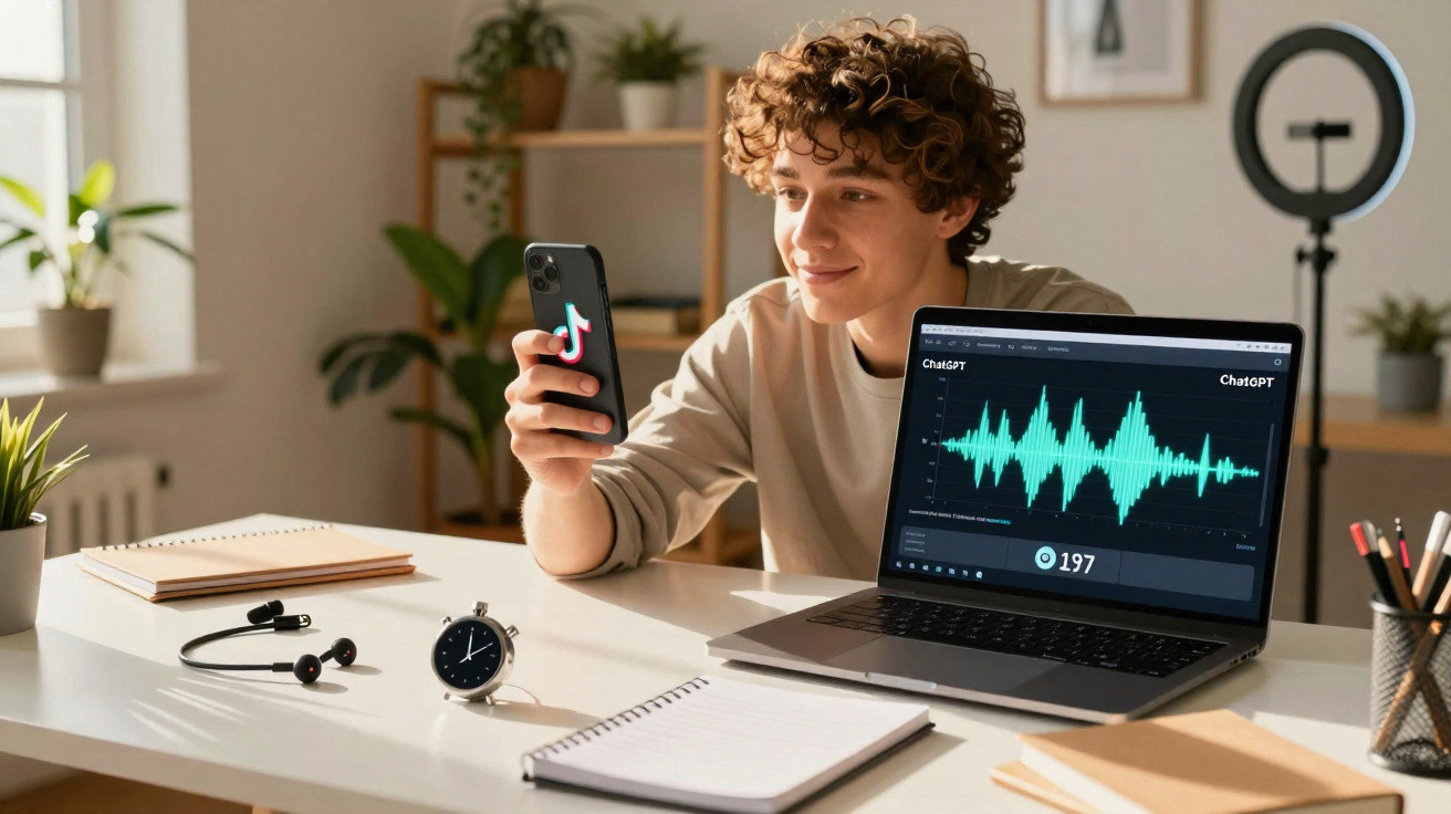 Young person at desk holding phone with TikTok logo, laptop showing audio waveforms in home office.