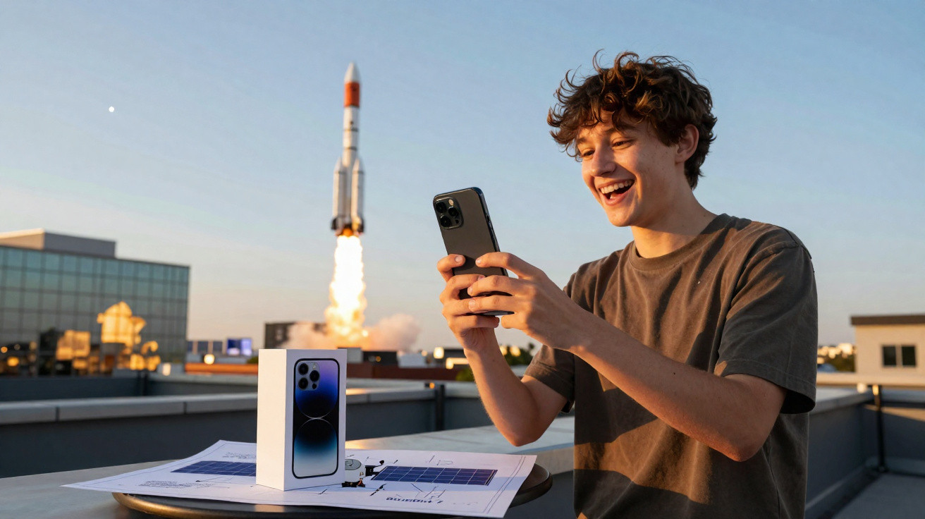 Excited young man using a smartphone on a rooftop with a rocket launching in the background.