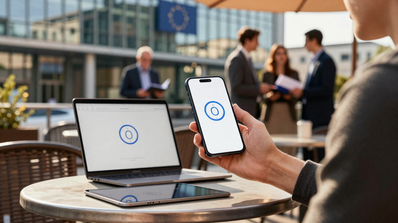 Person holding smartphone showing an app icon, with laptop and tablet on table, European Union building in background.