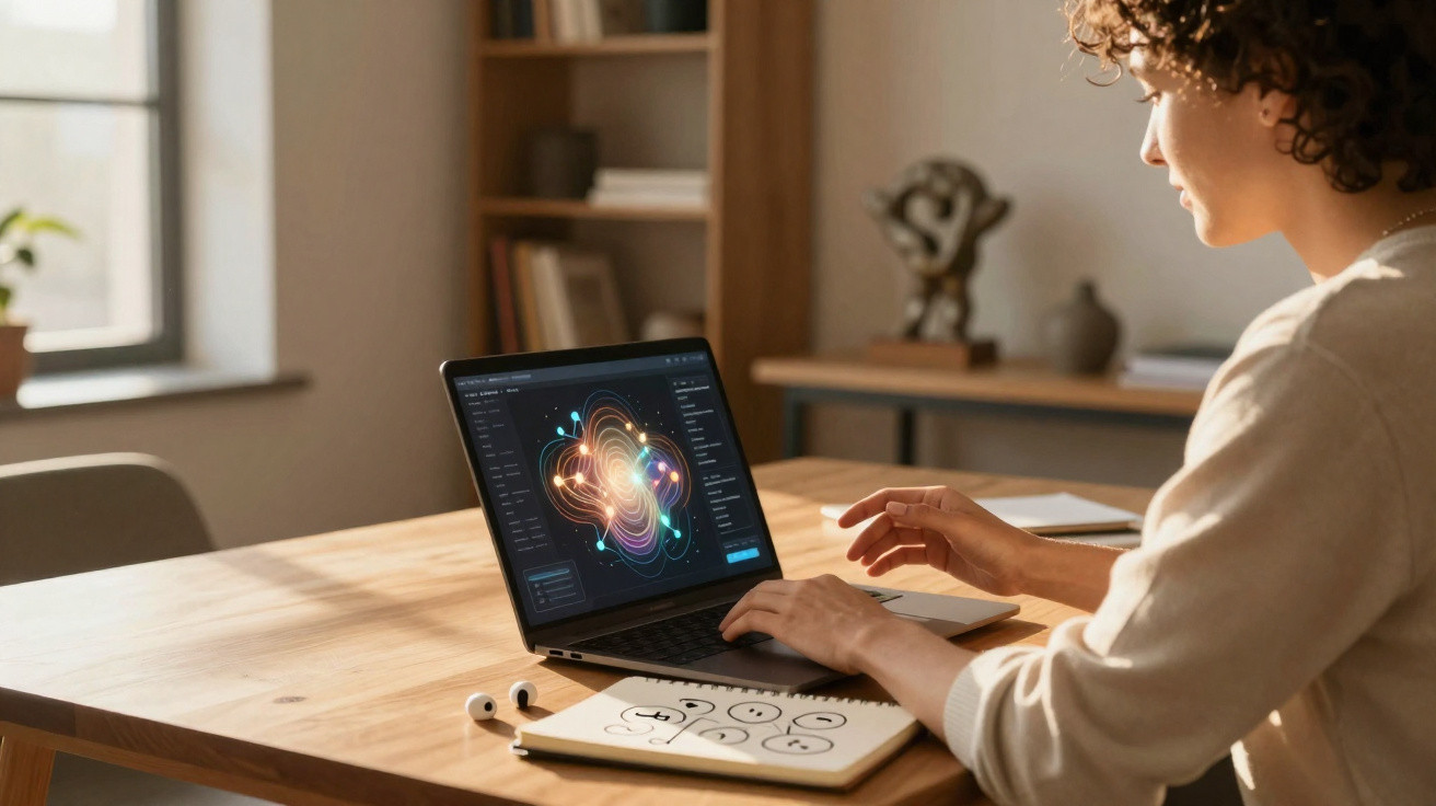 Person working on a laptop displaying colourful data visualisation, with a notebook and wireless earbuds on wooden desk.