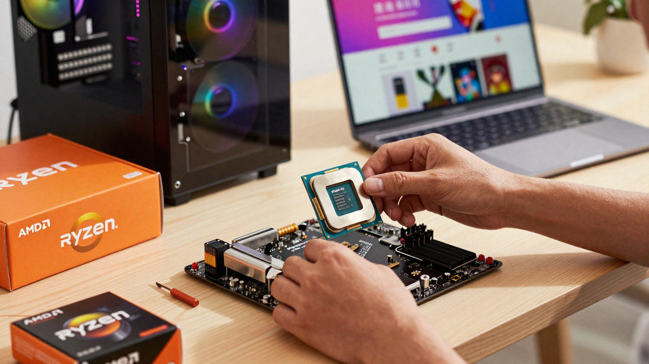 Person installing AMD Ryzen CPU onto motherboard with PC case and laptop in the background on wooden desk.