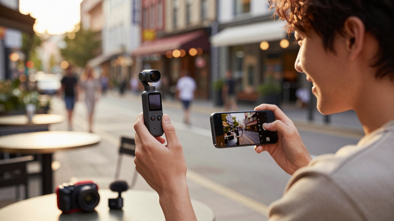 Person holding a handheld gimbal camera and smartphone while filming a street scene in daylight.