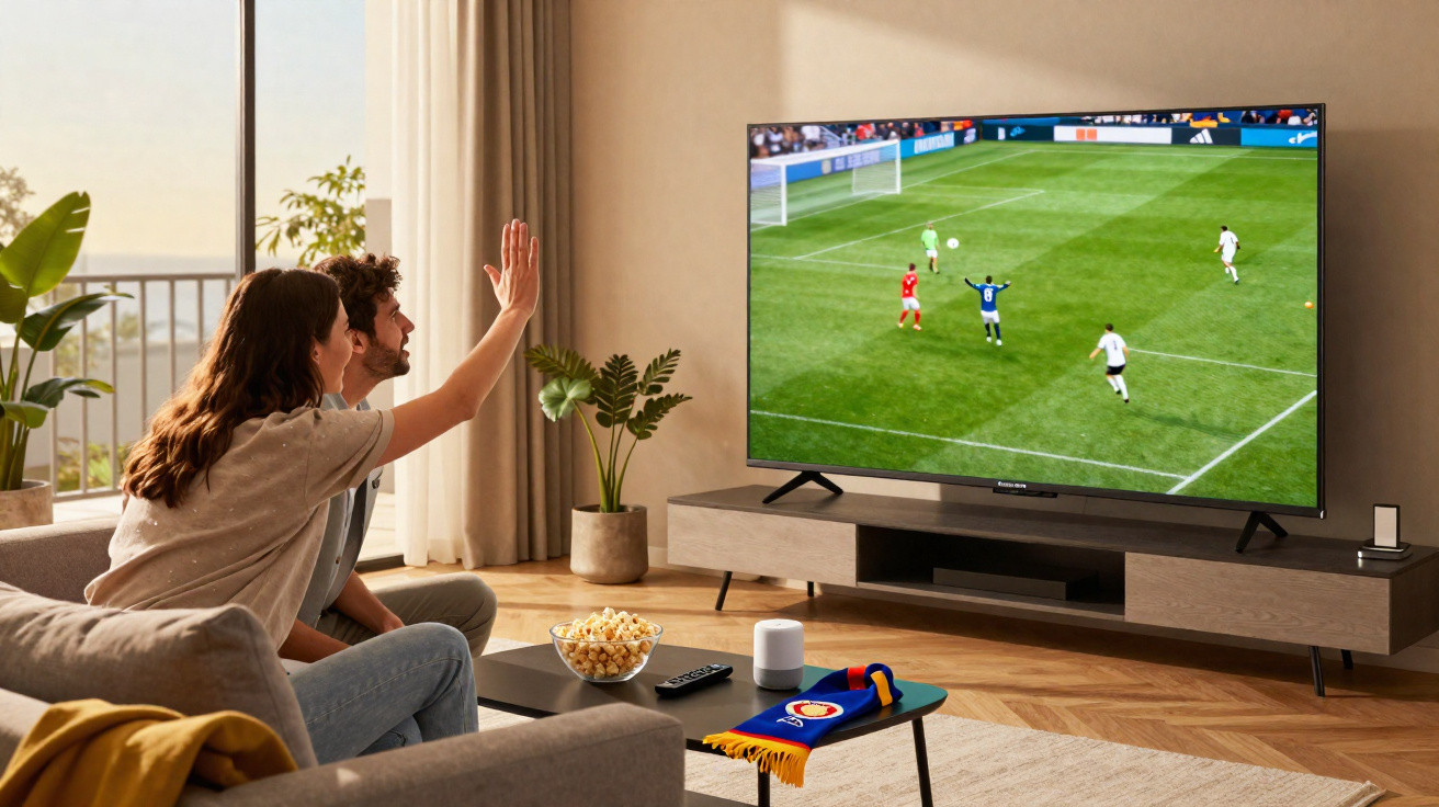 Couple sitting on a sofa watching a football match on TV in a modern living room.