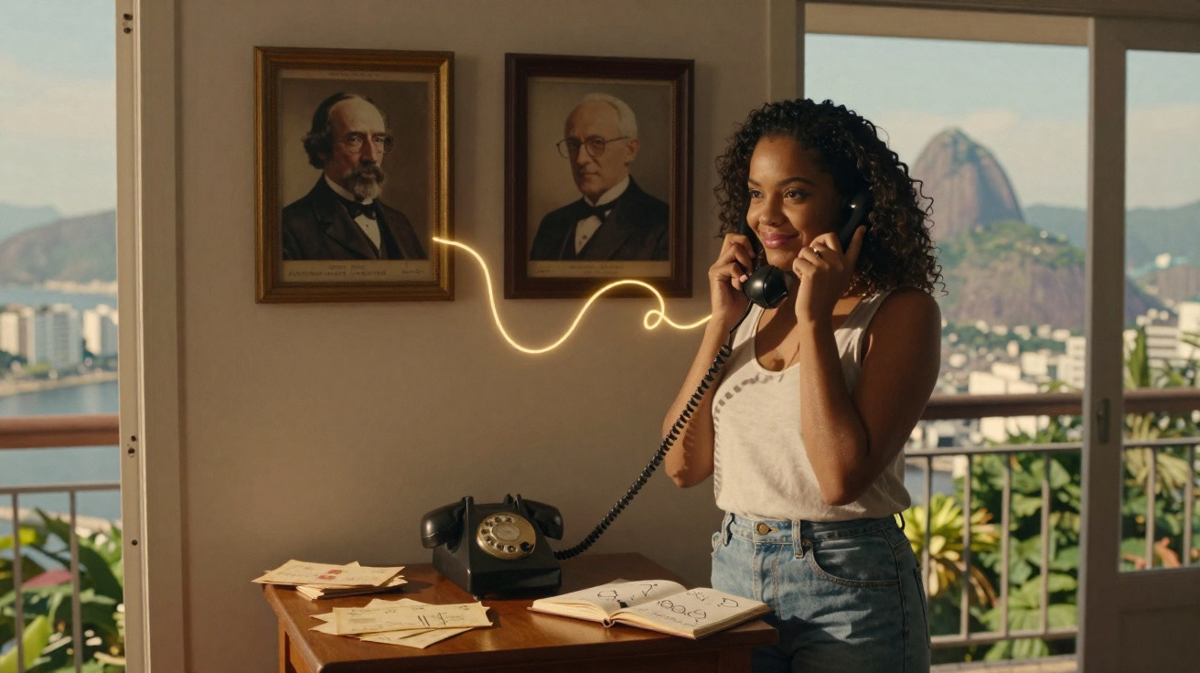 Young woman with curly hair using a vintage rotary phone in a sunlit room with framed portraits on the wall.