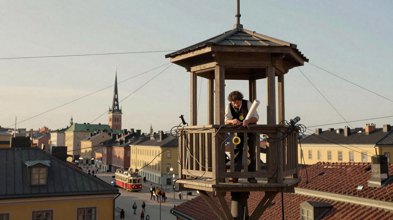 Person in vintage clothing stands on wooden observation tower overlooking historic town with tram and church spire.