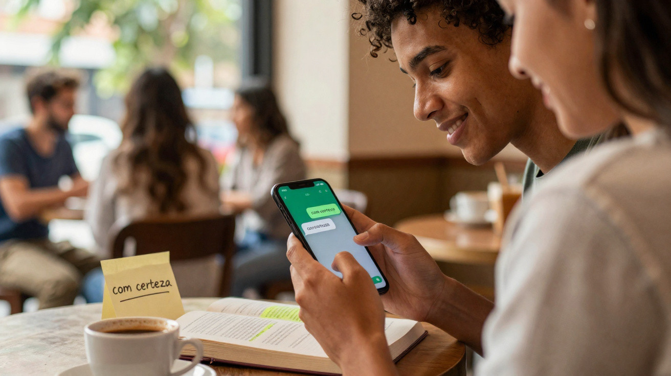 Two people sitting at a table in a café, one smiling at a smartphone, with coffee and a book nearby.
