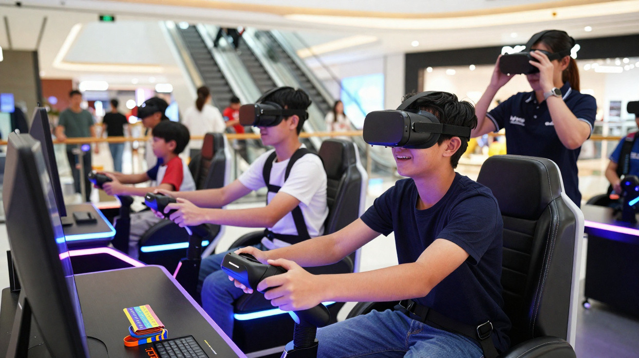 Group of children and an adult playing virtual reality games in a mall arcade using VR headsets and handheld controllers.