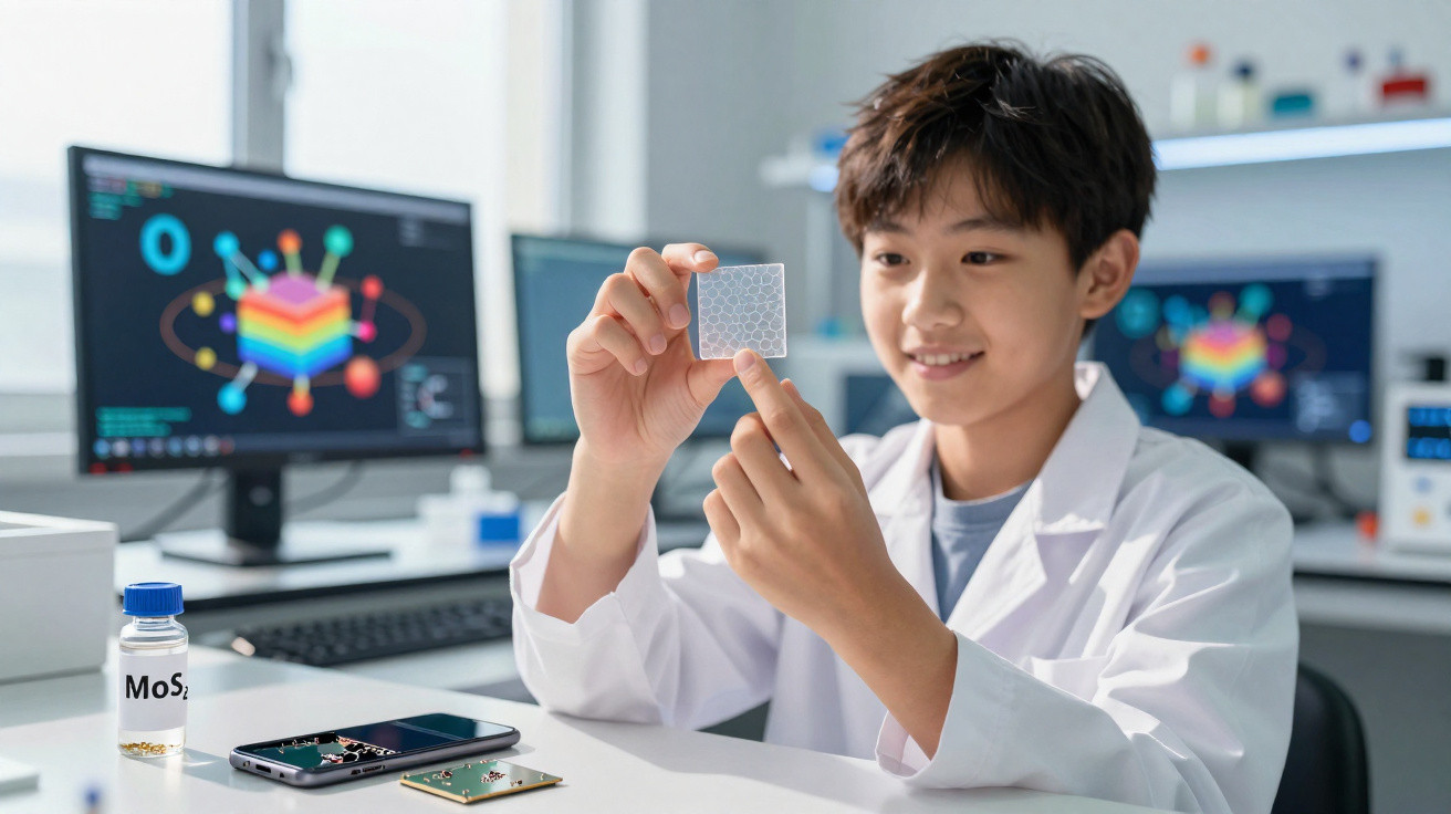 Young scientist in lab coat examining a microchip with computer screens displaying colourful data in the background.