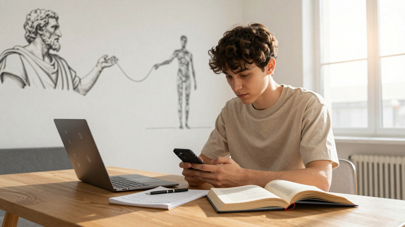 Young man studying at a desk with a laptop, book, and notebook, wall art of a philosopher and human figure in background.