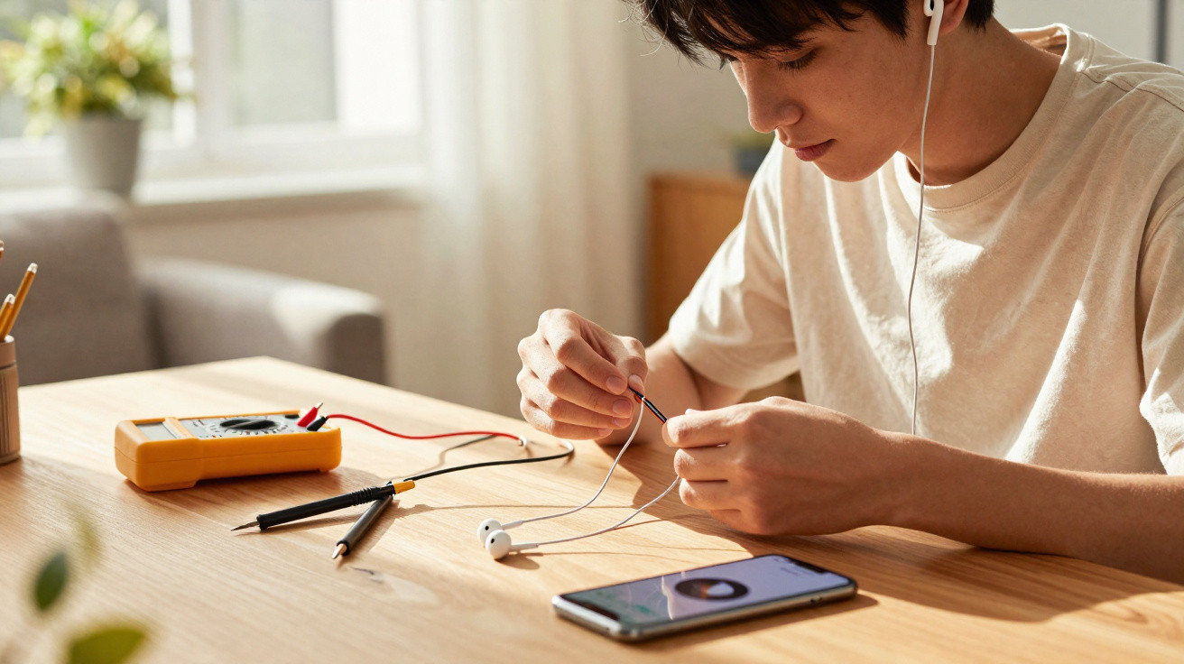 Young man repairing earphones at a wooden table with a smartphone and multimeter nearby in daylight.