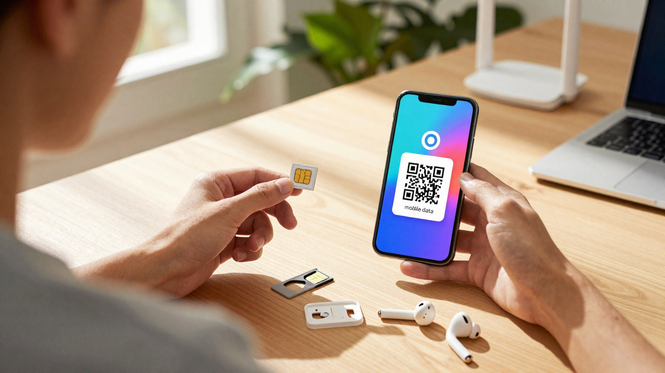Person holding a SIM card and smartphone displaying a QR code for mobile data activation on a wooden table.