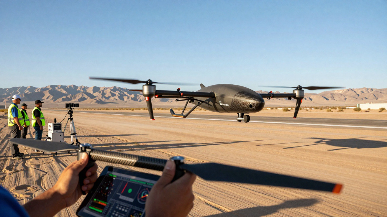Person controlling a black drone flying low over a desert runway with three observers and mountains in the background.