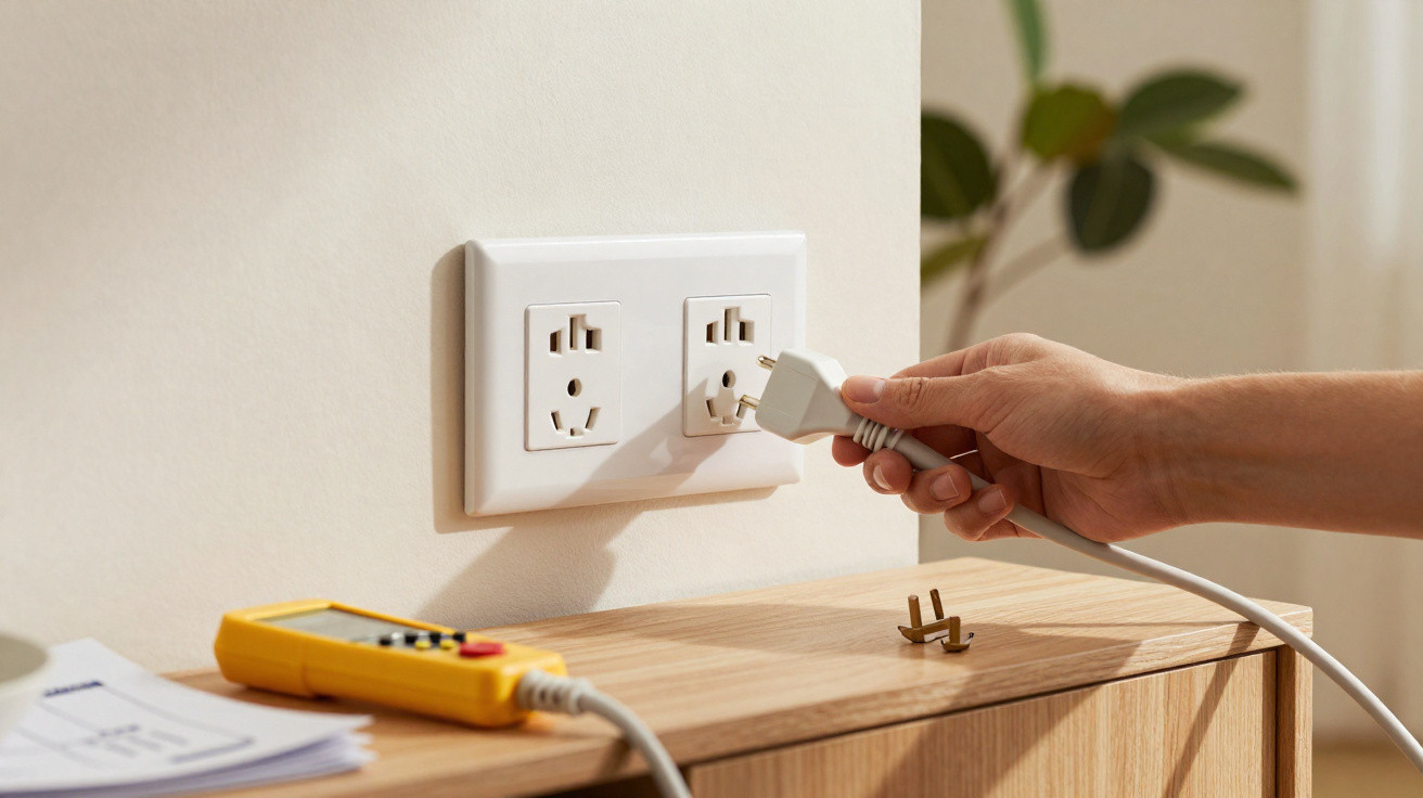 Hand plugging a white electrical plug into a dual power socket on a beige wall above a wooden surface with a yellow device ne