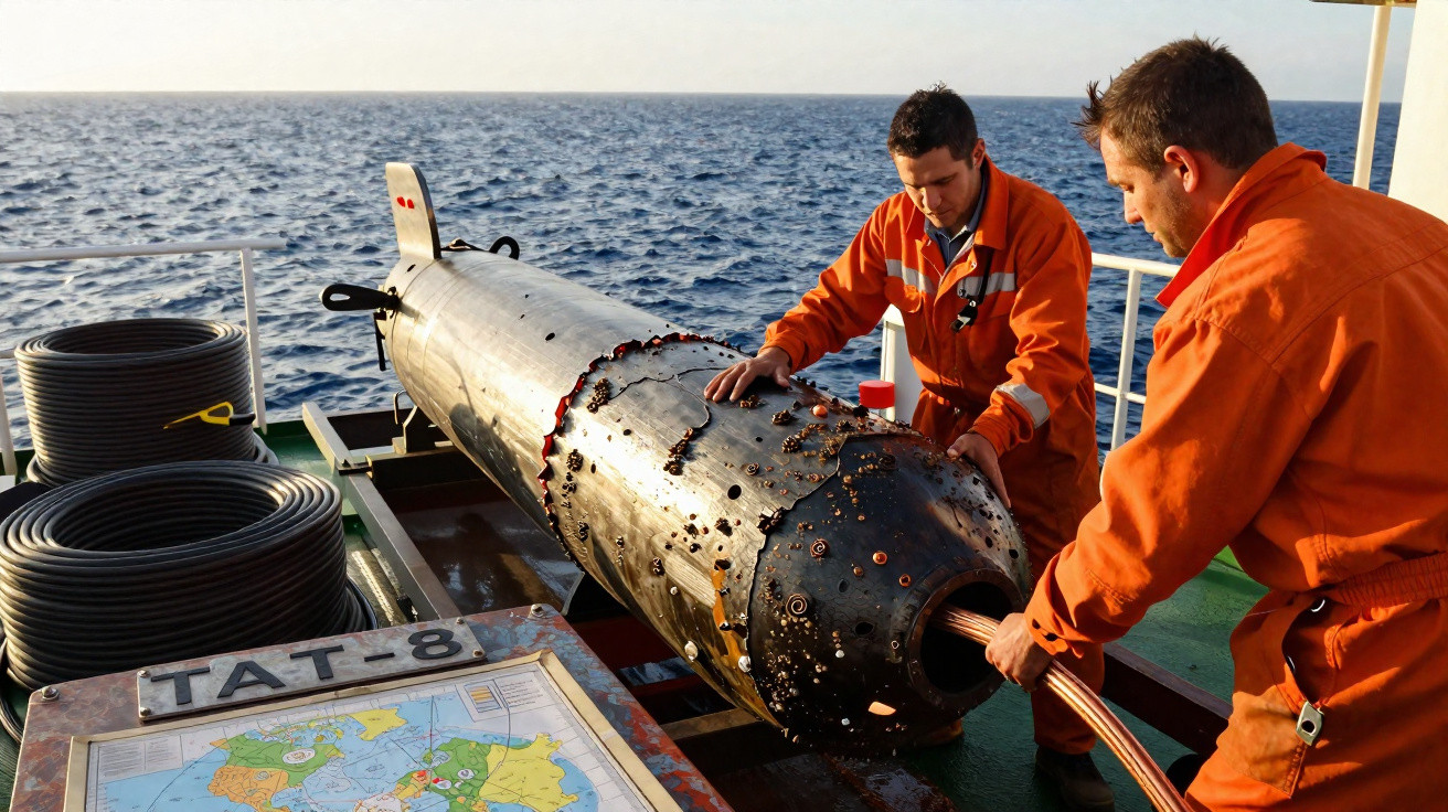 Two men in orange coveralls inspecting a barnacle-covered underwater drone on a ship deck at sea.