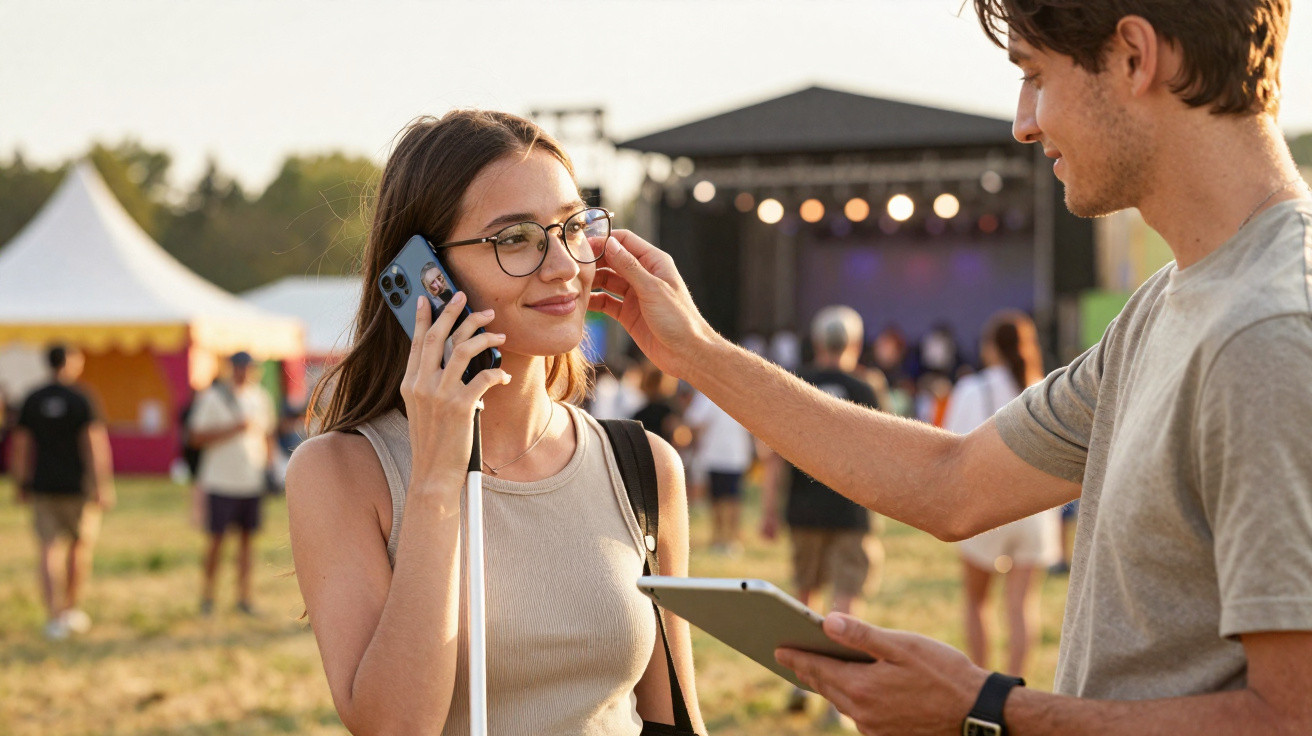 Man gently touching woman's glasses while she holds phone and white cane at outdoor event.