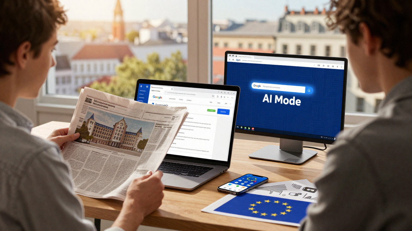 Two people at a desk with a newspaper, laptop showing search results, and desktop screen displaying "AI Mode".
