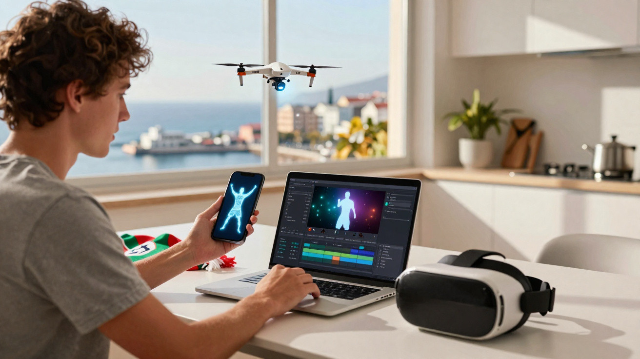 Person editing motion capture animation on laptop and phone with drone and VR headset on table in bright room.