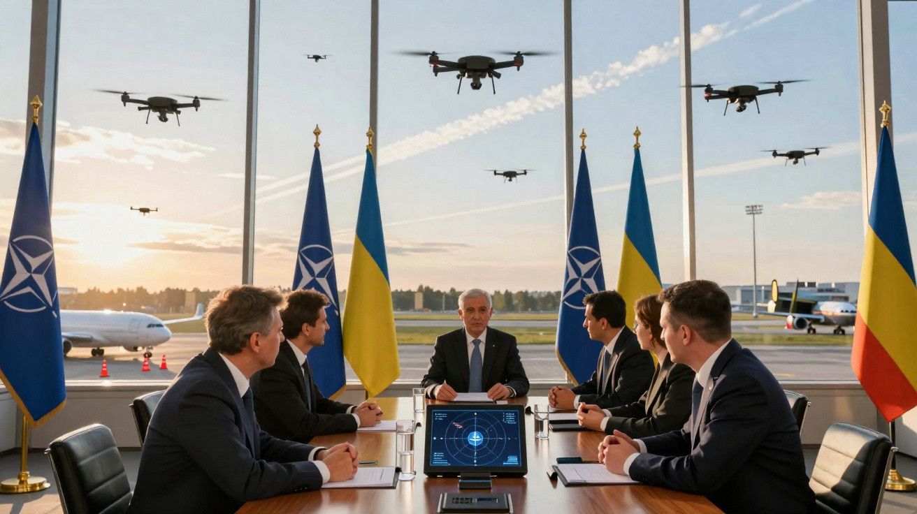 Officials seated at a conference table with NATO and Ukrainian flags, drones flying outside airport windows.