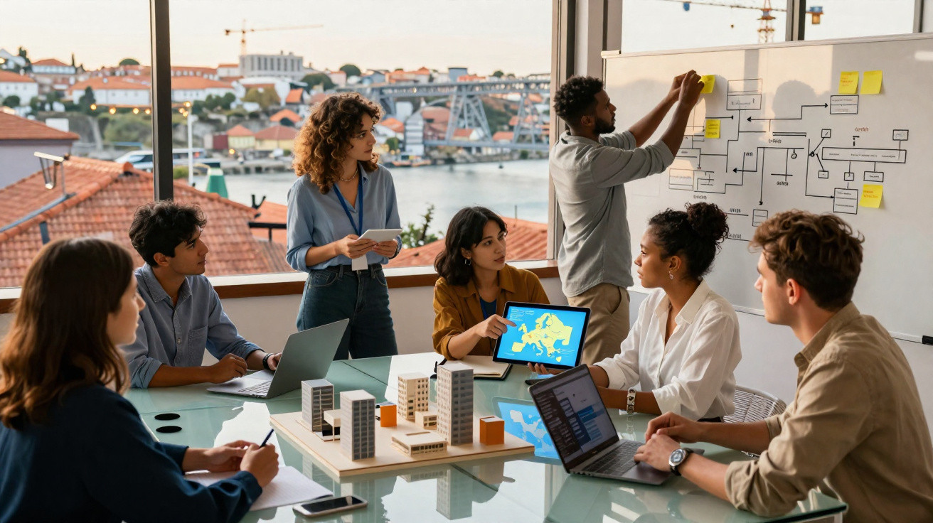 Diverse team discussing urban planning with architectural model and flowchart in a modern office with river view.