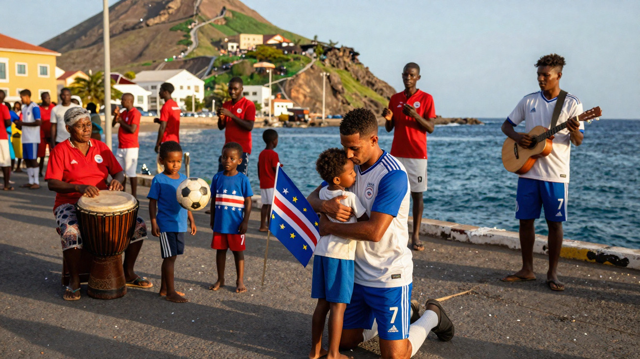 A man kneels hugging a child holding a Cape Verde flag, surrounded by children, musicians, and the sea.
