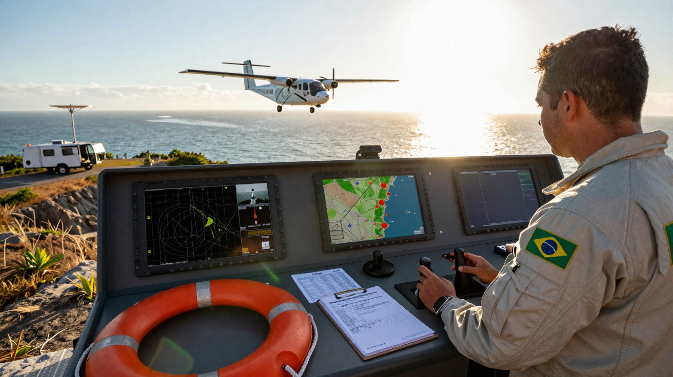 Man in uniform with Brazilian flag operating drone controls as small plane flies over coastal cliff at sunset