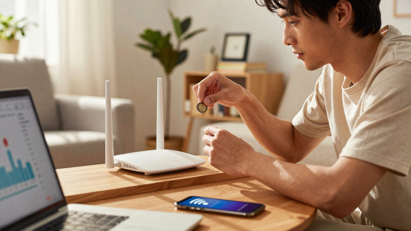 Man placing a coin into a clear jar on a table with a router, smartphone, and laptop displaying graphs.