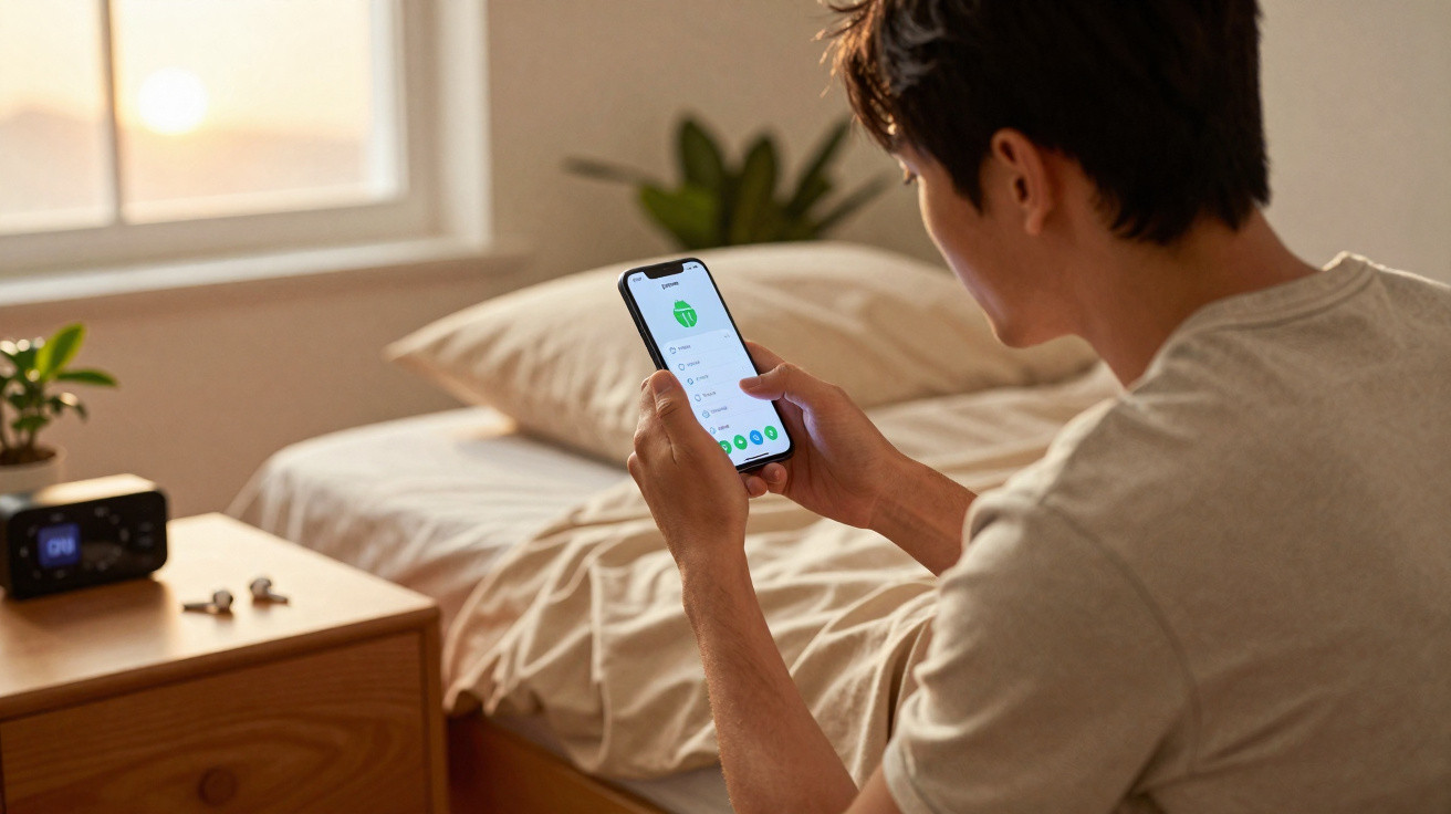 Person sitting on a bed using a smartphone with a plant and digital clock on a bedside table in soft natural light.