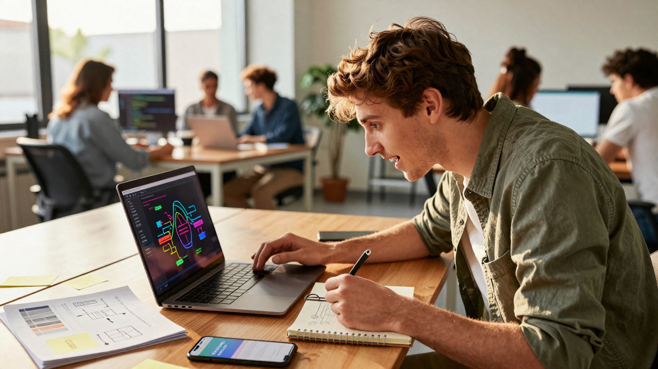 Young man working on laptop and taking notes with colleagues at a shared workspace in the background.