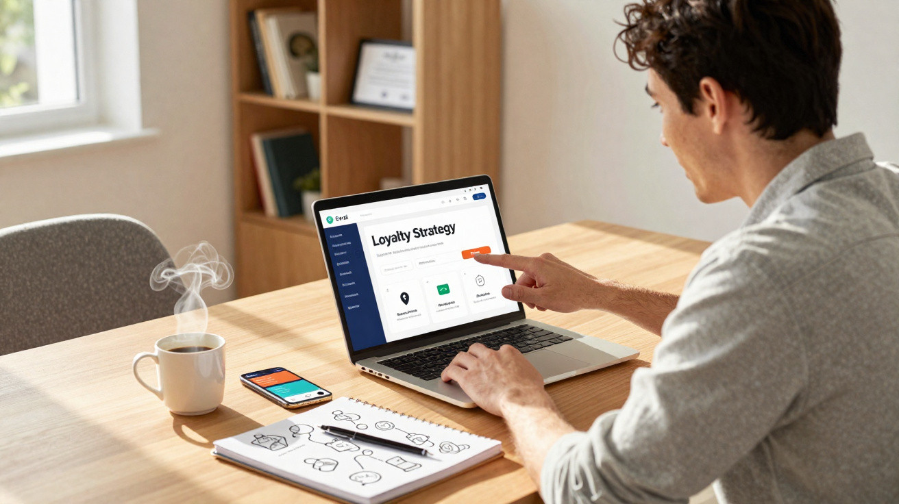 Man working on a laptop with a "Loyalty Strategy" page, a smartphone, steaming coffee, and a notebook on the table.