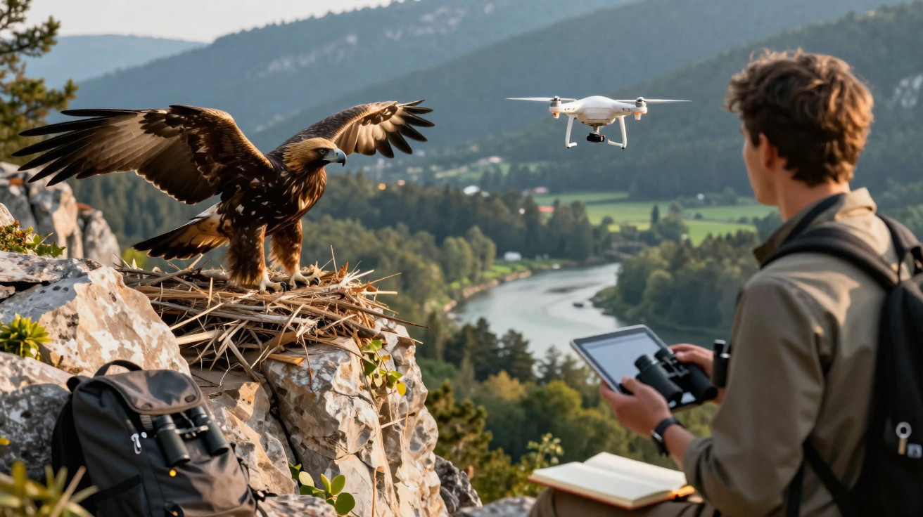 A person operating a drone near a large eagle perched on a nest on a rocky cliff with a river valley background.