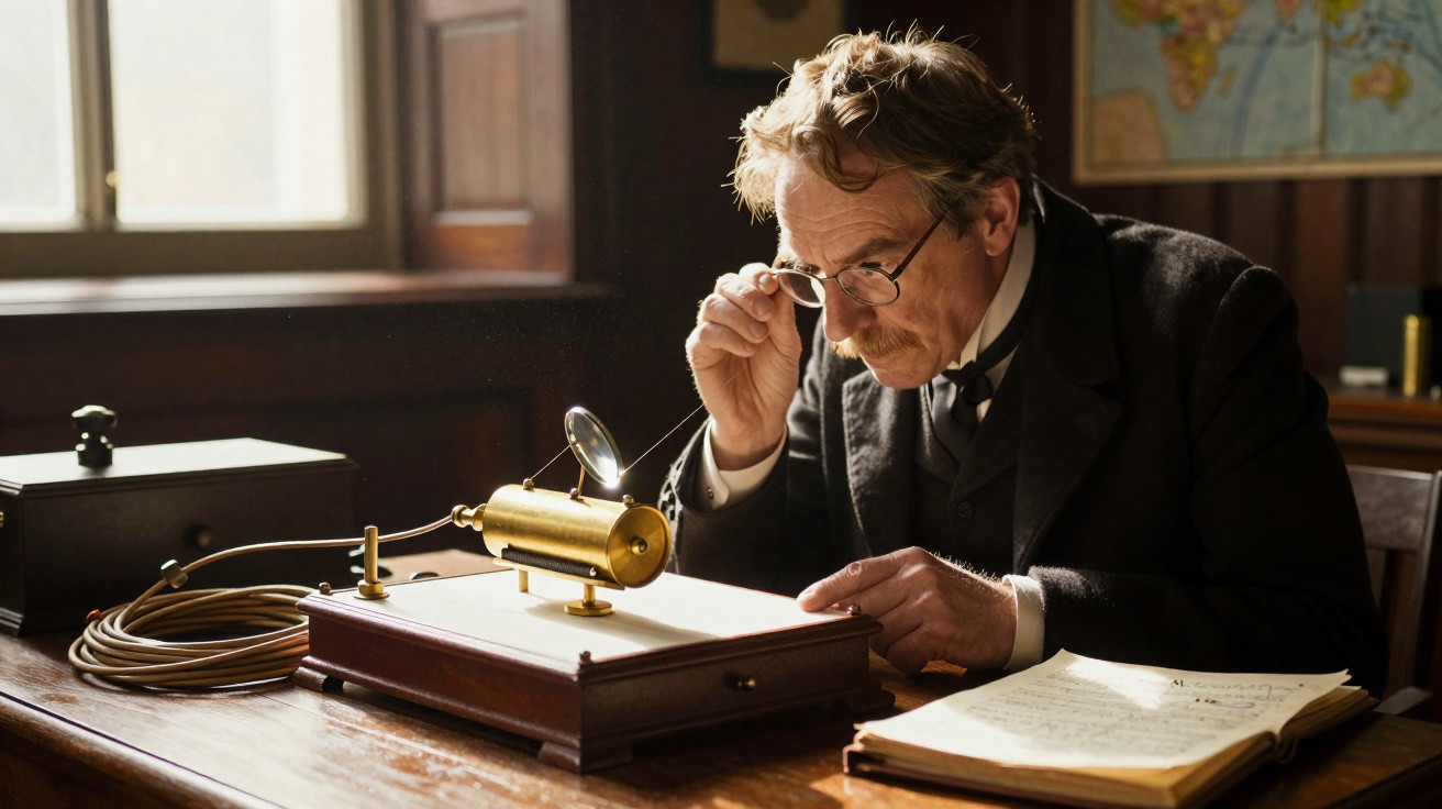 Man adjusting his glasses while examining early scientific equipment on a wooden desk in a vintage room