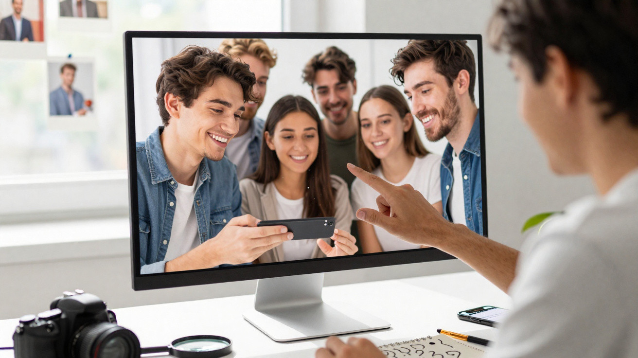 Group of six young adults smiling and looking at a smartphone during a video call on a computer screen.