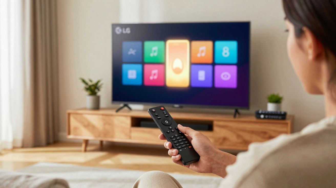 Person holding a remote control facing a smart TV displaying colourful app icons in a living room.