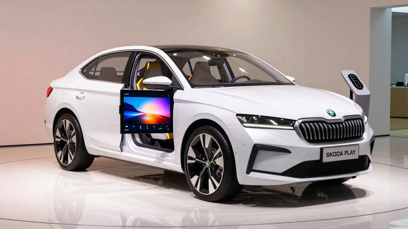 White Škoda Play electric sedan with open rear passenger door showcasing interior touchscreen.