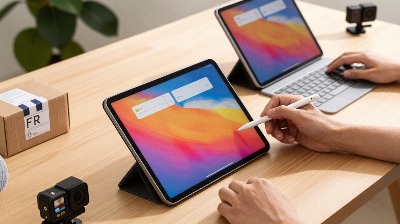 Person using stylus on tablet with keyboard and action camera on wooden desk next to another tablet in stand.