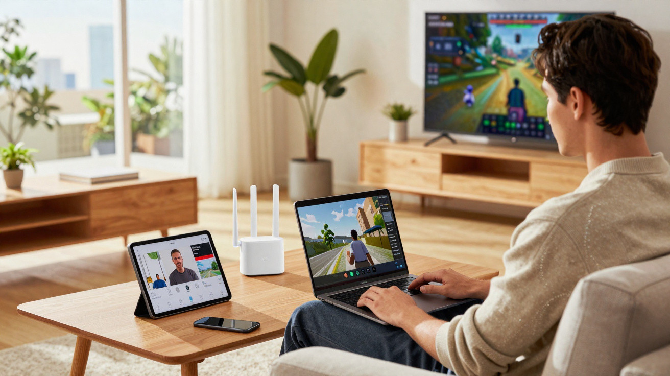 Man playing a video game on a laptop in a bright living room with a tablet on a video call on the table.