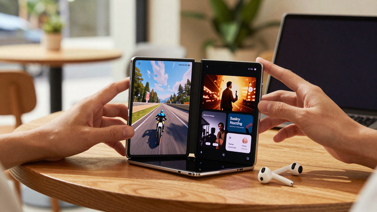 Hands holding a foldable smartphone displaying a game on one screen and apps on the other on a wooden table.