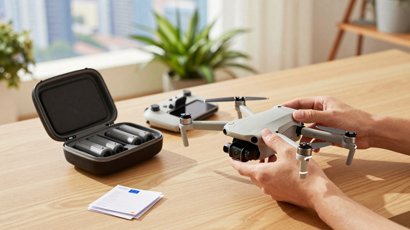 Person holding a small drone on a wooden table with batteries, remote control, and papers nearby.
