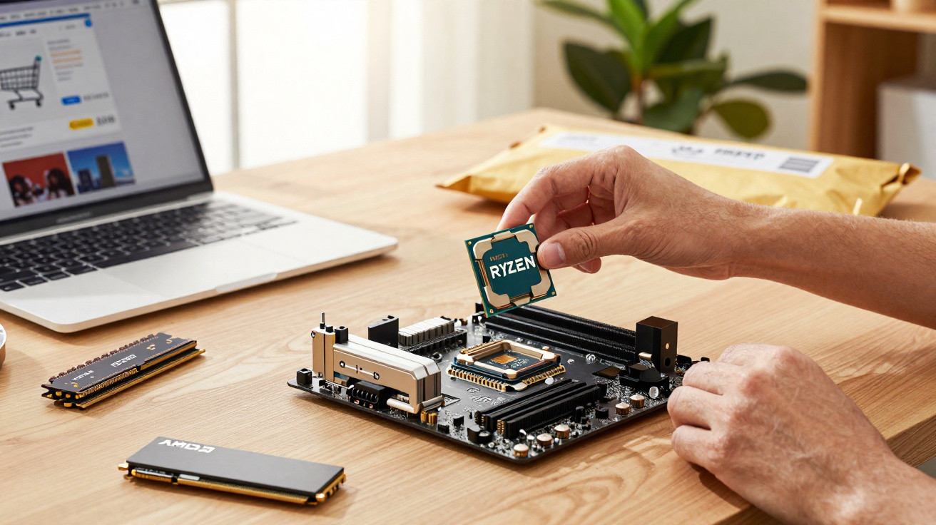 Person installing an AMD Ryzen CPU into a motherboard on a wooden desk with a laptop nearby.