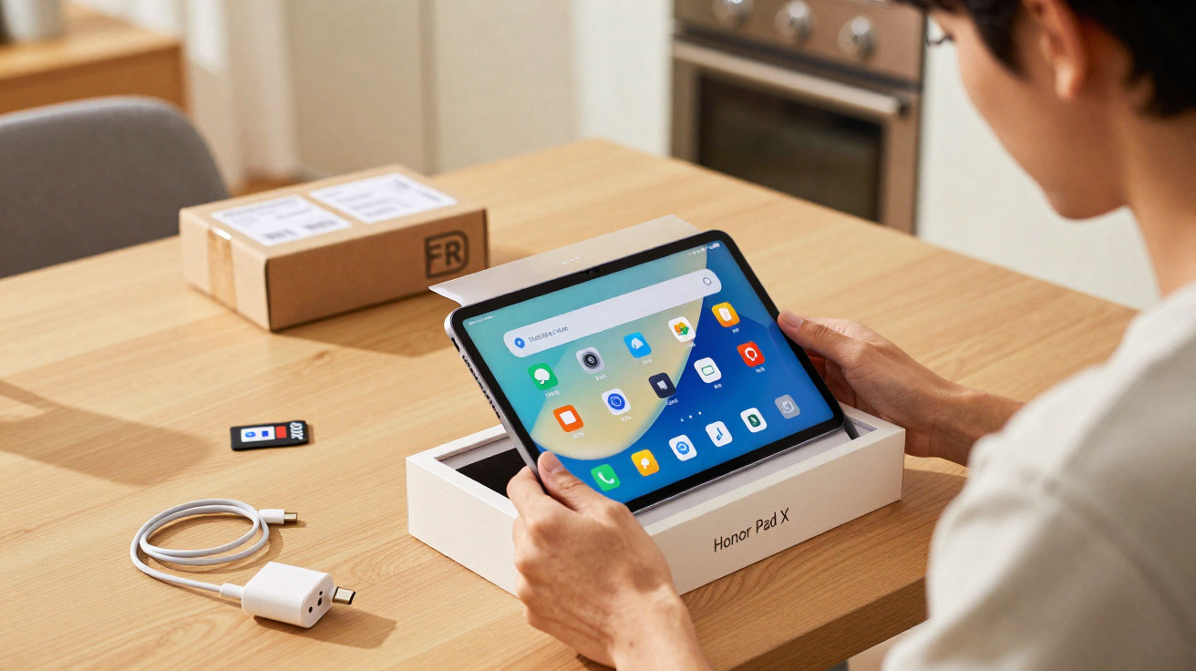 Person holding a tablet device above an open Honor Pad X box on a wooden table with charger and USB stick nearby.