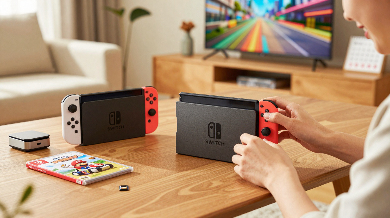 Person holding a Nintendo Switch controller on wooden table with another Switch console and Mario Kart game case nearby.