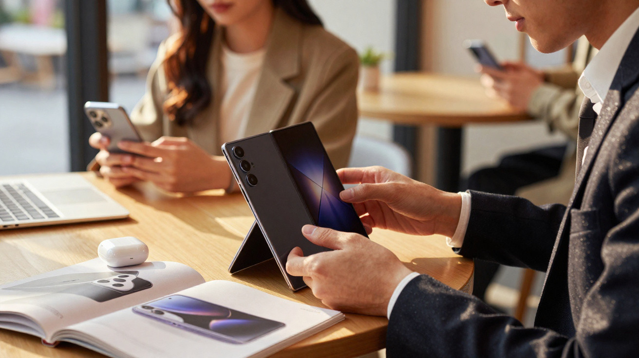 Two people using foldable and standard smartphones at a café table with a laptop and magazine.